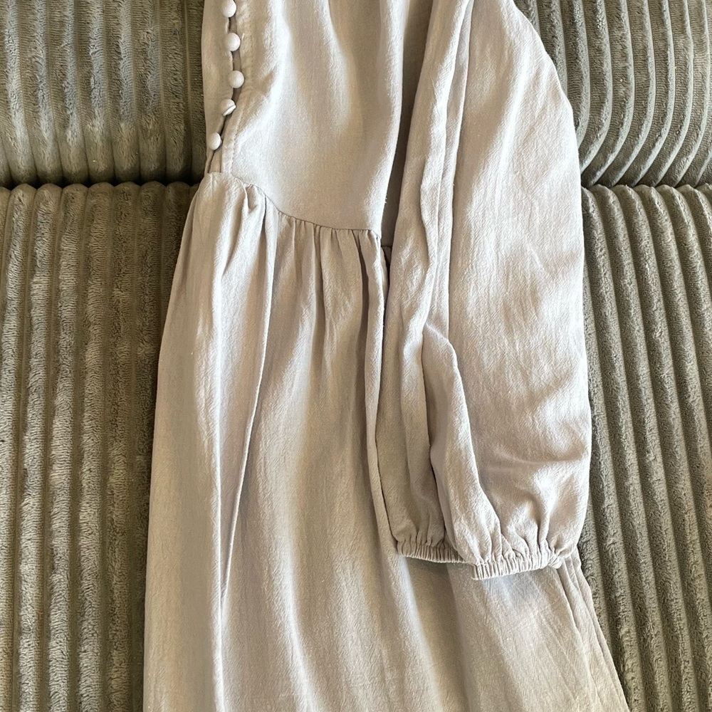 #55  Maxi Long Sleeve Grey Button V Bohemian Linen Feel Gray Prairie Dress - Picture 9 of 10